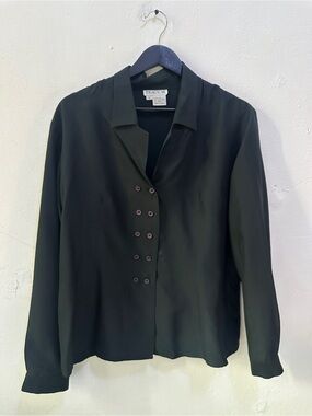 Tracy M 100% Silk Black Blouse Long Sleeve Button Front Collared Womens L
